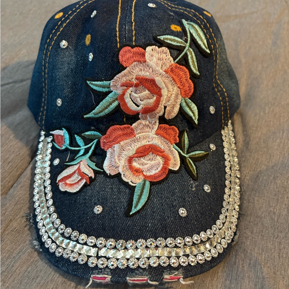 Jade Denim Cap with Floral Embroidery and Rhinestones